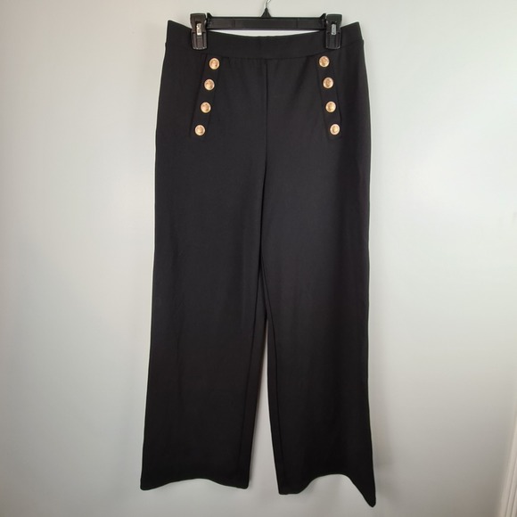 H&M Pants - H&M Women's Black Button Front Sailor Pull On Wide Leg Trousers Medium Workwear‎